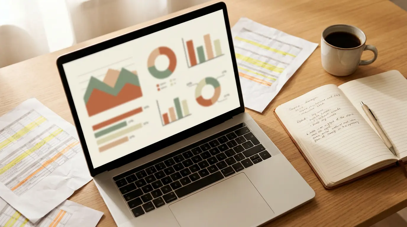 Mesa de trabajo con pantalla de portátil mostrando gráficos estadísticos de fútbol americano, cuaderno de notas y bolígrafo, representando el análisis de datos para estrategias de apuestas
