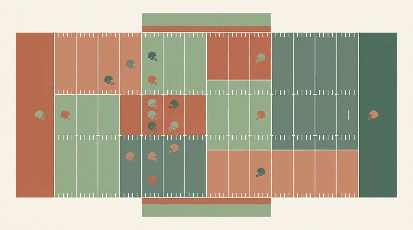 Diagrama conceptual de la estructura de conferencias de la NCAA FBS con iconos representando las principales divisiones y más de 130 equipos