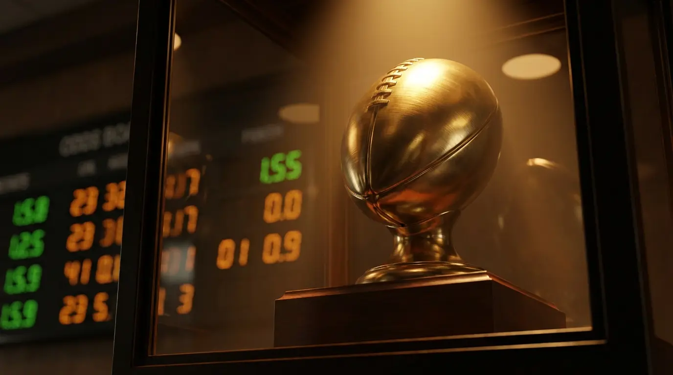 Trofeo dorado de fútbol americano universitario sobre un podio iluminado con un tablero de cuotas desenfocado al fondo, representando el mercado de apuestas futures