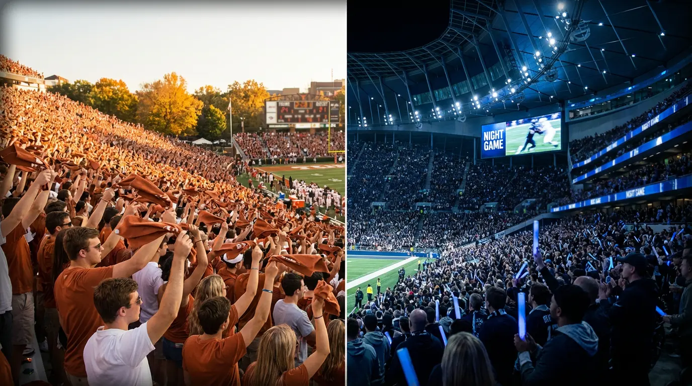 Composición dividida que muestra un estadio universitario lleno de estudiantes a un lado y un estadio profesional de la NFL al otro, simbolizando las diferencias entre ambos mercados de apuestas